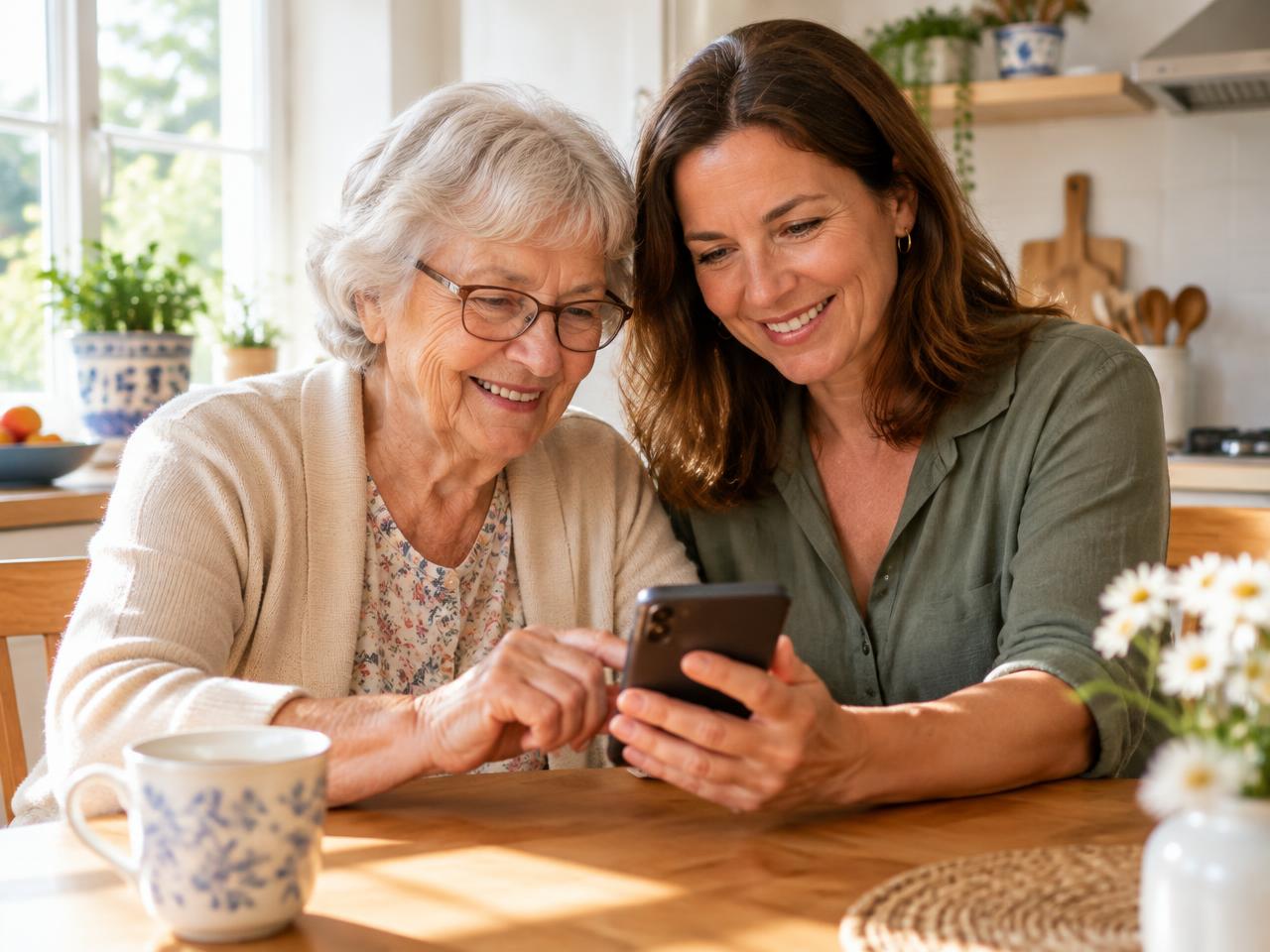 A grandmother and her daughter checking a message together on a phone